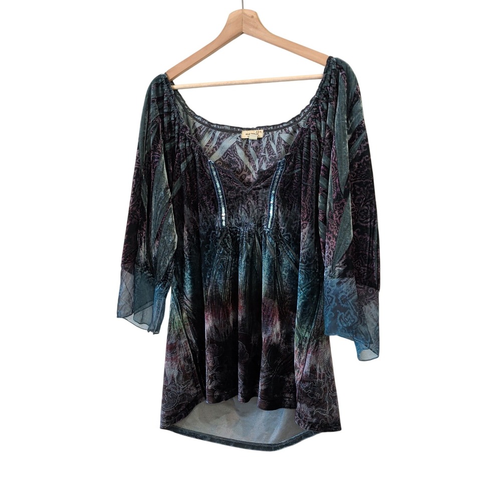 One World Women XL Velvet Burnout Top Purple Sequin Fairycore Whimsygoth Vintage